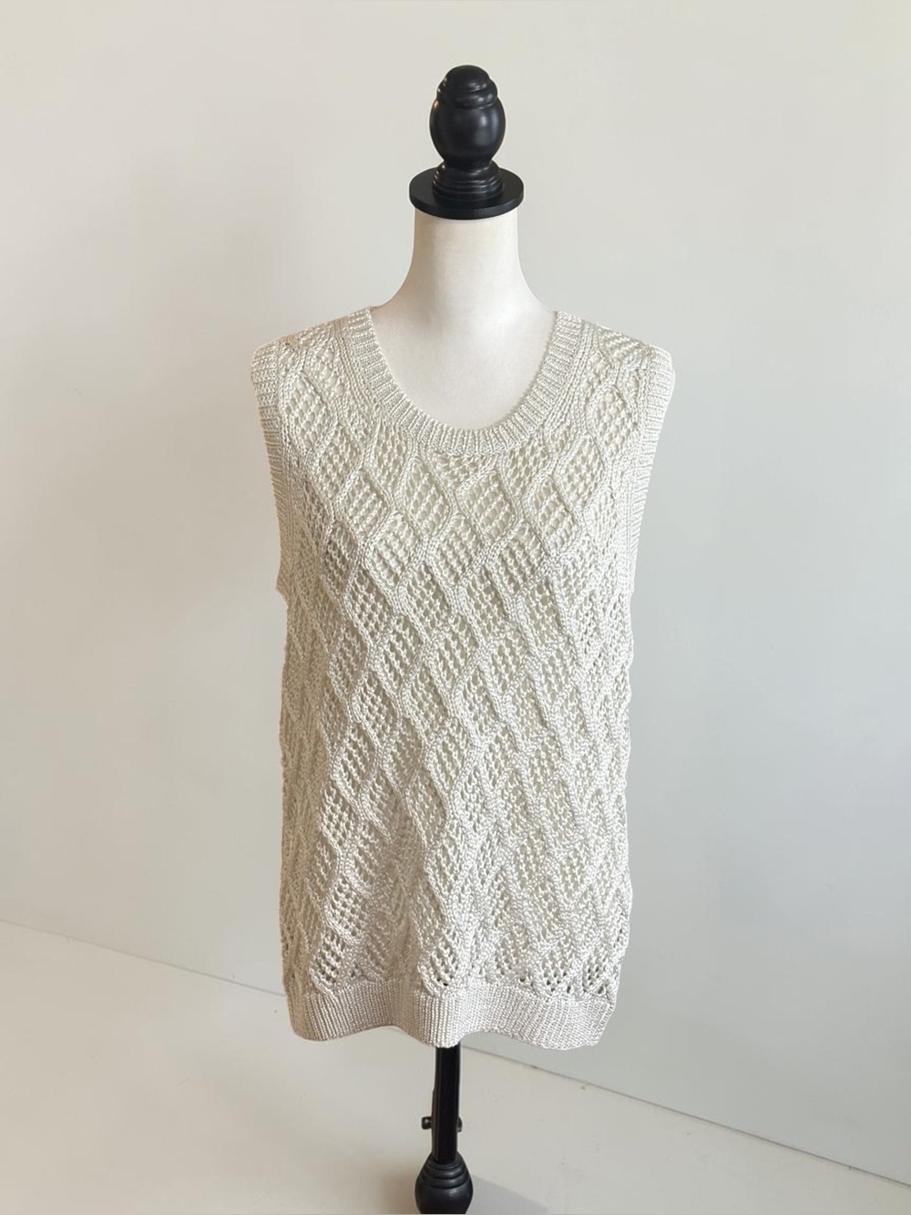 Donna Karan Subtle Sheen Open Knit Sweater Size L Pointelle Cream Ivory